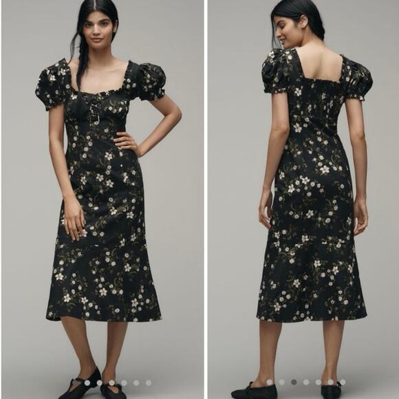 NWT Anthropologie Linen Blend Puff-Sleeve Sweetheart Midi Dress - Picture 1 of 8